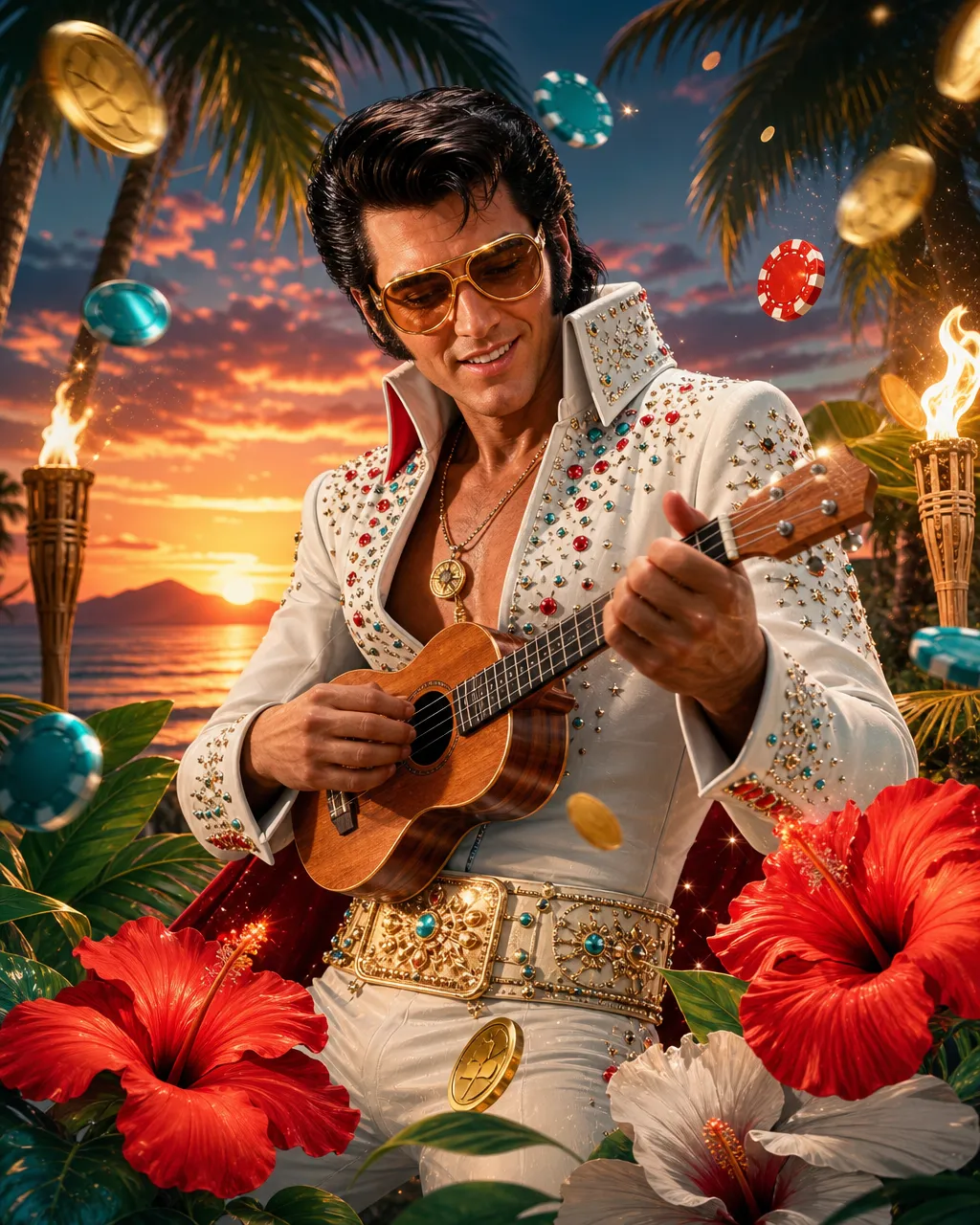 Portada de la slot Aloha King Elvis con playa y ukelele